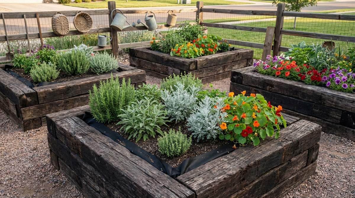 Rustic reclaimed railroad ties stacked into raised planter beds for herbs and vegetables, with dark wood contrasting against silver foliage and bright blooms. Shows interior lined with landscape fabric and filled with amended soil for optimal root growth in western boho garden decor.