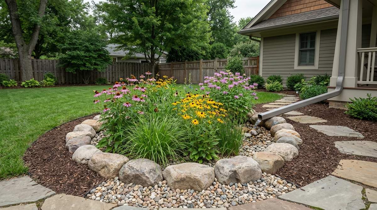 A sustainable rain garden rock basin filled with river rocks and native plants like sedges and flowering perennials, designed to capture roof runoff and support local pollinators while preventing soil erosion during storms.