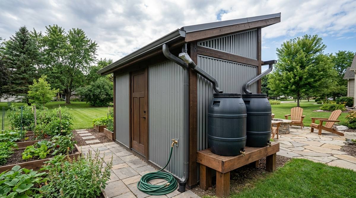 A modern garden shed featuring integrated gutters and downspouts that direct rainwater from the roof into storage barrels for irrigation. The system includes a first-flush diverter and raised platforms for gravity-fed hose connections, reducing municipal water consumption and providing chlorine-free water for adjacent gardens.