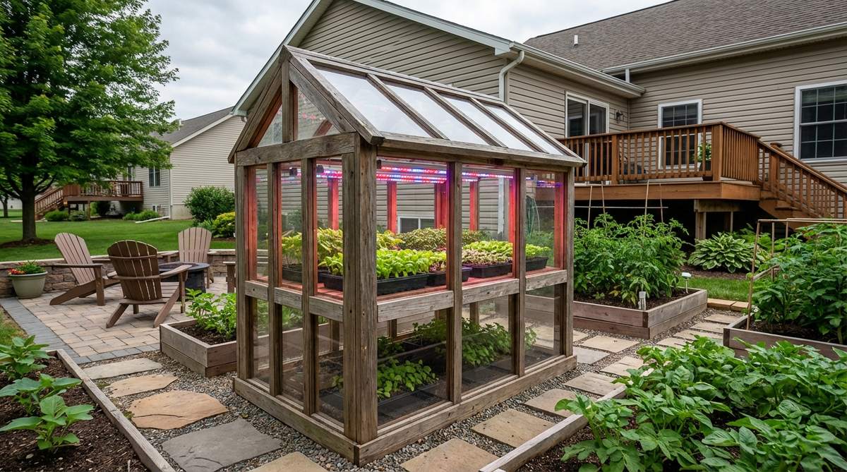 A targeted red and blue LED spectrum propagation station optimizing photosynthesis for seedlings in a mini garden greenhouse, promoting efficient growth with reduced energy consumption.