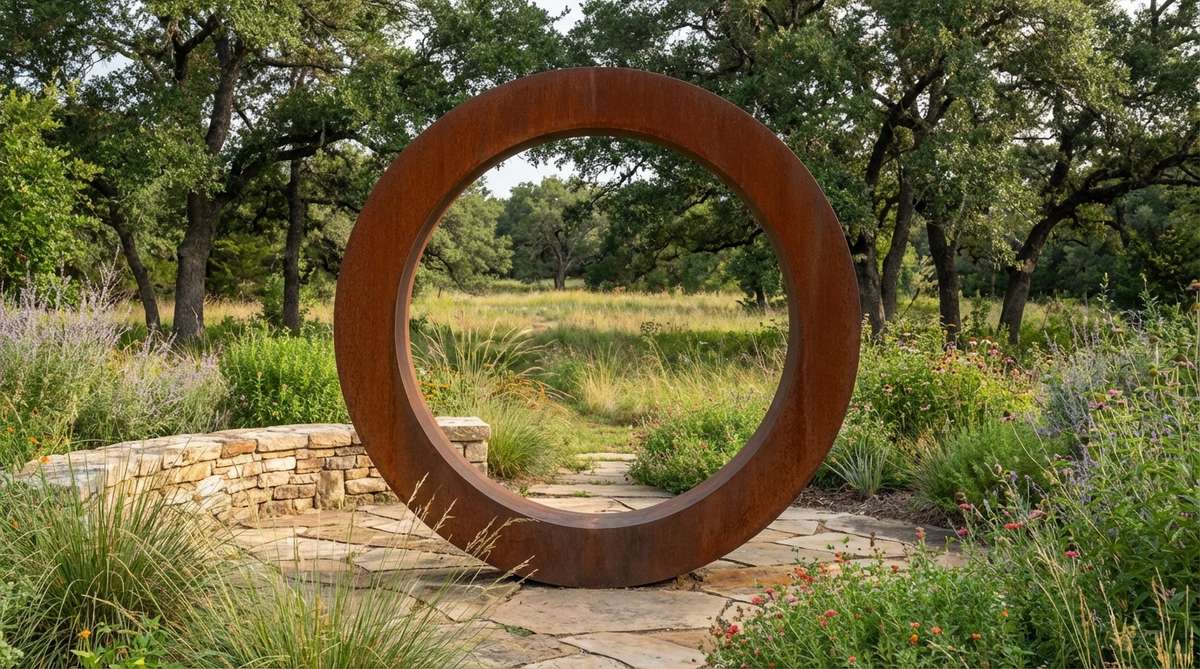 A large steel or stone ring sculpture measuring 3-5 feet in diameter, positioned in a garden to frame views of plants or distant focal points. The hollow circular form creates architectural presence with natural rust patina on untreated steel surfaces.
