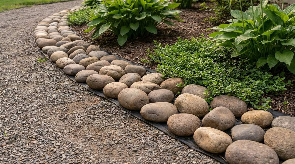 A close-up photo showing smooth river cobbles, 3-6 inches in size, used as edging along a garden pathway. The rounded rocks create a soft border that promotes drainage, with landscape fabric visible underneath to prevent weeds while allowing water infiltration.