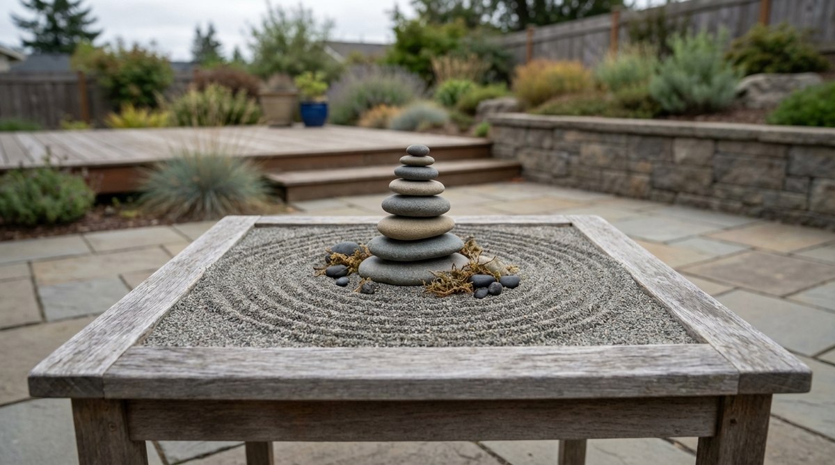A miniature zen garden arrangement featuring graduated river stones stacked to form a 5-inch mountain peak, surrounded by gray sand representing alpine scree fields. The composition includes raked concentric circles around the summit to symbolize topographic contour lines, creating an abstract landscape that appeals to geography teachers and outdoor enthusiasts.