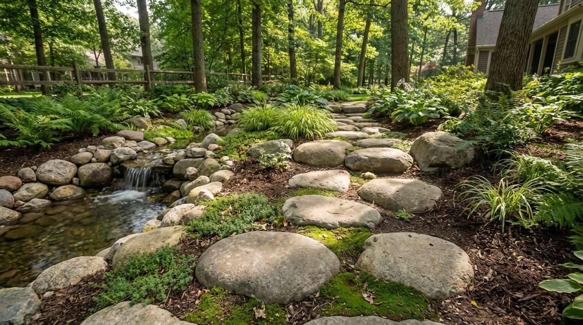 A natural garden path made with smooth river rocks in 18-24 inch diameters, arranged as organic stepping stones. The rounded boulders contrast with angular plantings and soften hardscape elements, partially buried for stability with irregular spacing that mimics natural stream crossings. Perfect for woodland gardens, rain gardens, and water features where rounded stones reinforce aquatic themes.