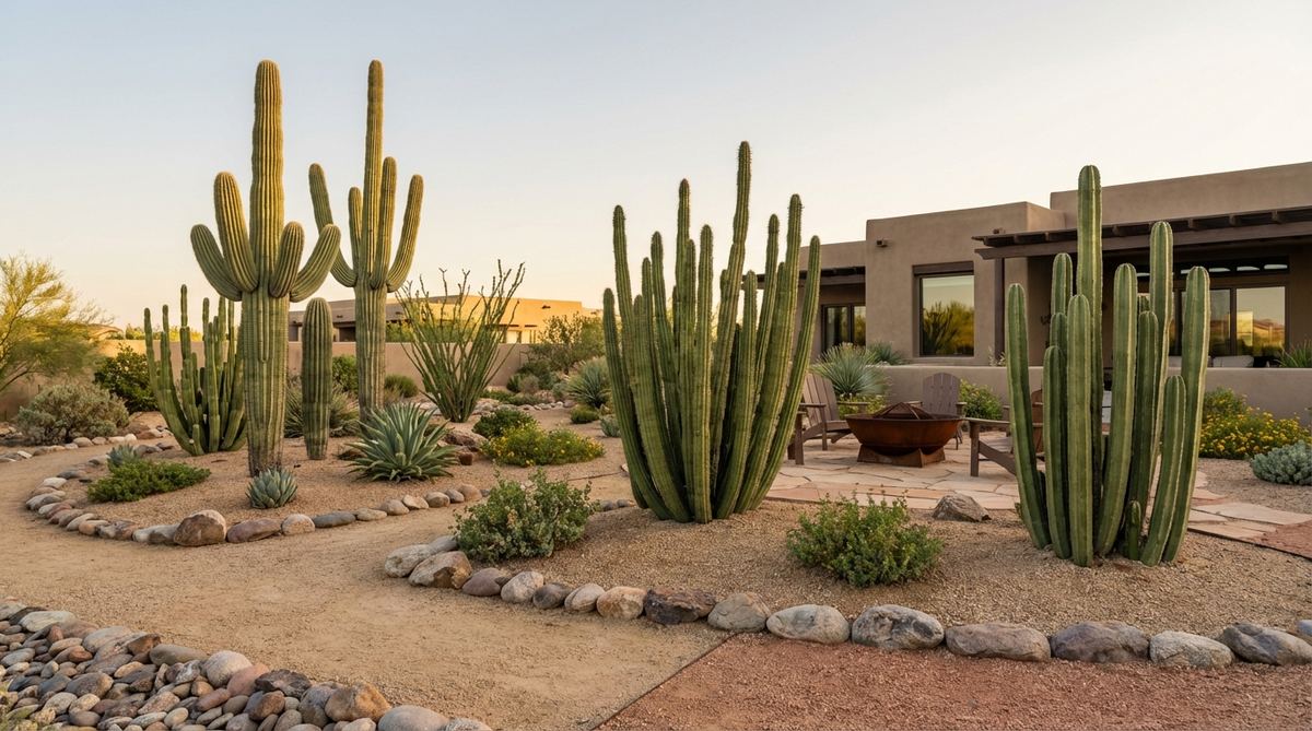 A gravel garden featuring a composition of saguaro, organ pipe, and Mexican fence post cacti arranged in groups of three at varying heights, set against a backdrop of tan or reddish decomposed granite that mimics Sonoran Desert soils, illustrating vertical drama and naturalistic design for arid climates in USDA zones 9-11.