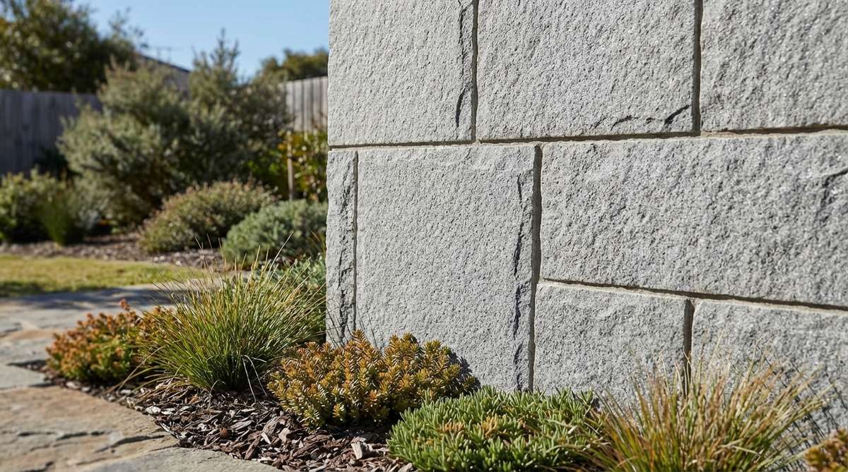 A close-up image of a sandblasted finish granite wall, showcasing its matte texture that reduces glare and highlights the stone's crystalline composition. This surface treatment softens the granite's polish while maintaining its strength, making it ideal for contemporary designs where durability is essential but high gloss is too formal. The increased surface area ensures better mortar adhesion compared to polished faces.