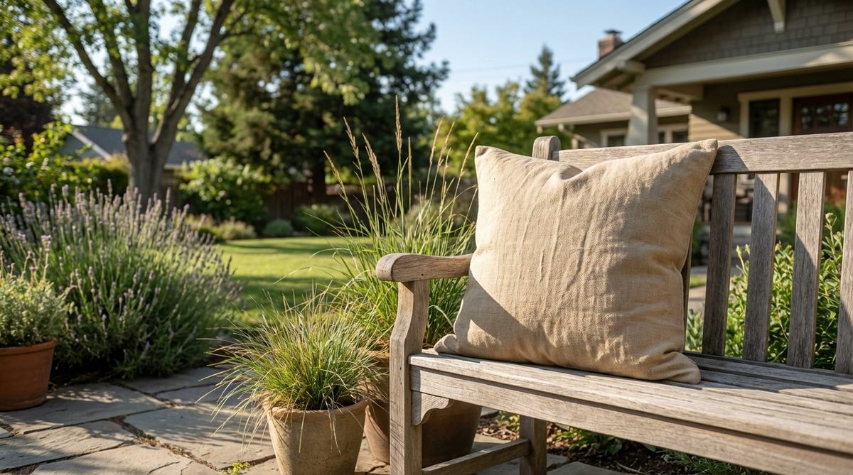 A neutral sandy beige textured linen pillow with natural wrinkles, perfect for boho decor. This breathable fabric pillow resists heat retention and provides a subtle texture that catches light throughout the day.