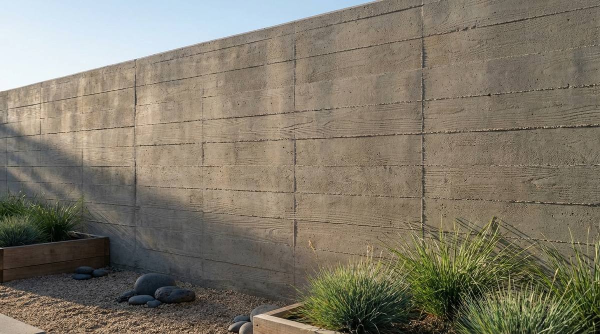 A close-up photograph of a modern concrete wall with scored geometric patterns, showing shallow grooves creating horizontal lines and grid formations. The texture catches natural light, casting subtle shadows that change throughout the day, exemplifying minimalist zen garden aesthetics with contemporary architectural detailing.