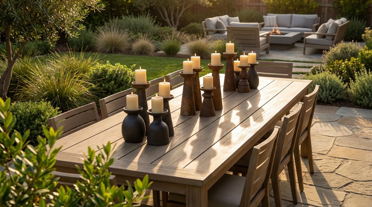 Modern metal or ceramic candleholders in varied heights create minimalist centerpieces for garden decor parties. Grouped in odd numbers along table centers, these sculptural arrangements emphasize form over florals and cast attractive shadows as candles burn down through evening events.