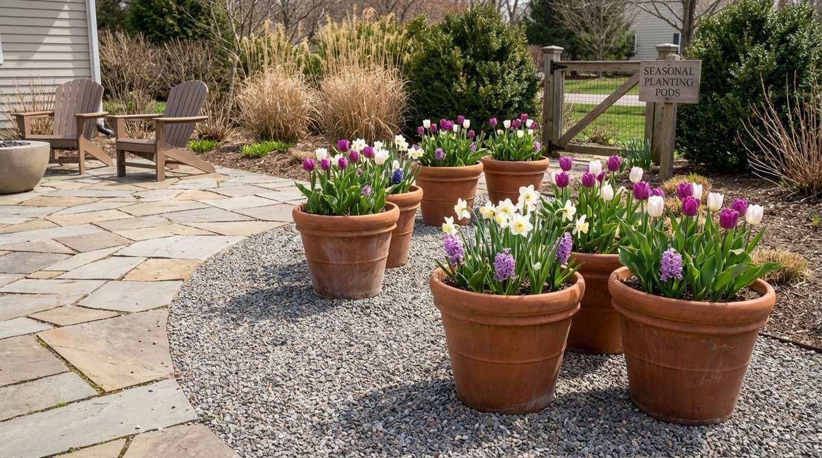 A gravel garden bed featuring designated seasonal pods with identical container plantings, showcasing a rotation from spring bulbs to summer annuals, fall asters, and winter evergreen arrangements, placed at key entry points or seating areas for maximum seasonal impact.