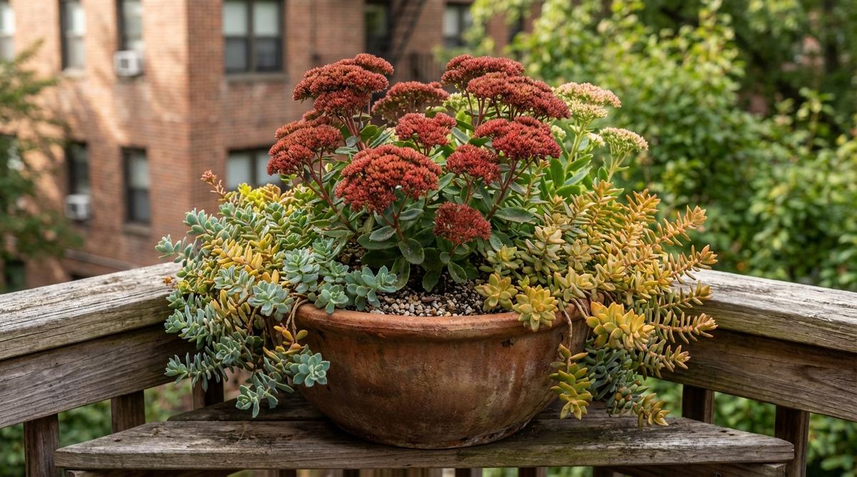 A close-up image of Sedum Stonecrop, showcasing its trailing and upright varieties in a mixed container on an urban balcony. Features 'Autumn Joy' with its distinctive dinner-plate flower heads that dry to a rust-red hue, planted in well-draining cactus mix to prevent root rot, thriving in partial shade with reduced flowering in low light conditions.