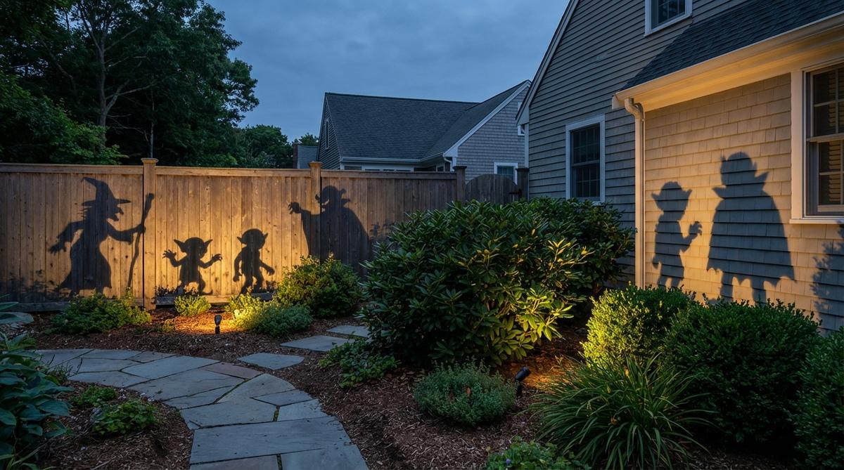 Flat black silhouettes of children, witches, or monsters tucked into shrub beds create creepy shadows from every angle, with a warm spotlight projecting them onto walls or fences for Halloween outdoor decor.