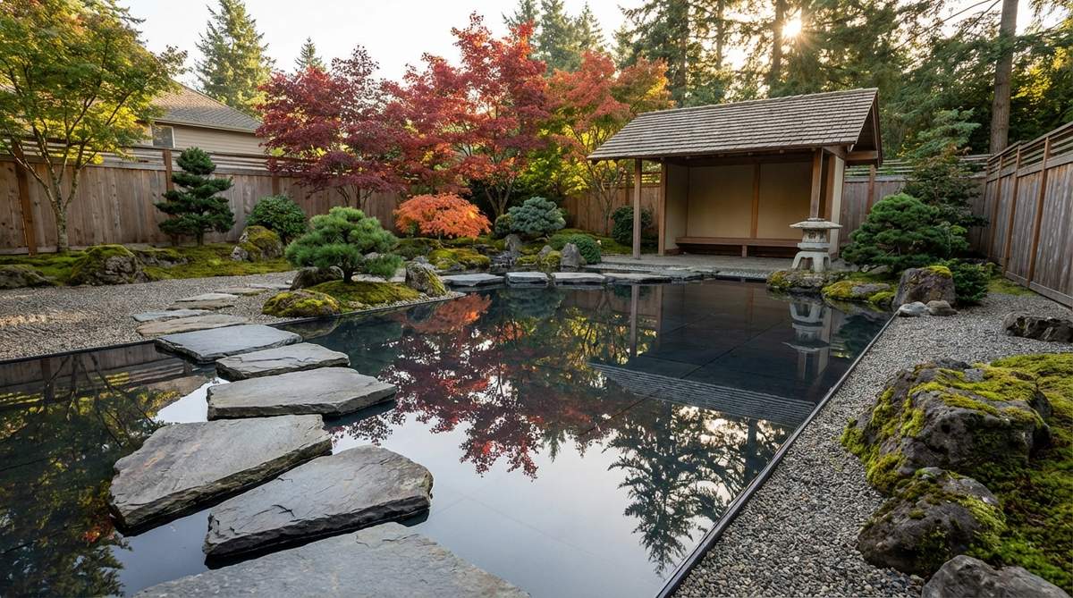 A shallow 4-inch deep reflecting pool with stepping stones in a modern Japanese garden, creating a mirror-like surface that reflects Japanese maples, evergreens, and architectural elements, designed for safety and visual engagement.