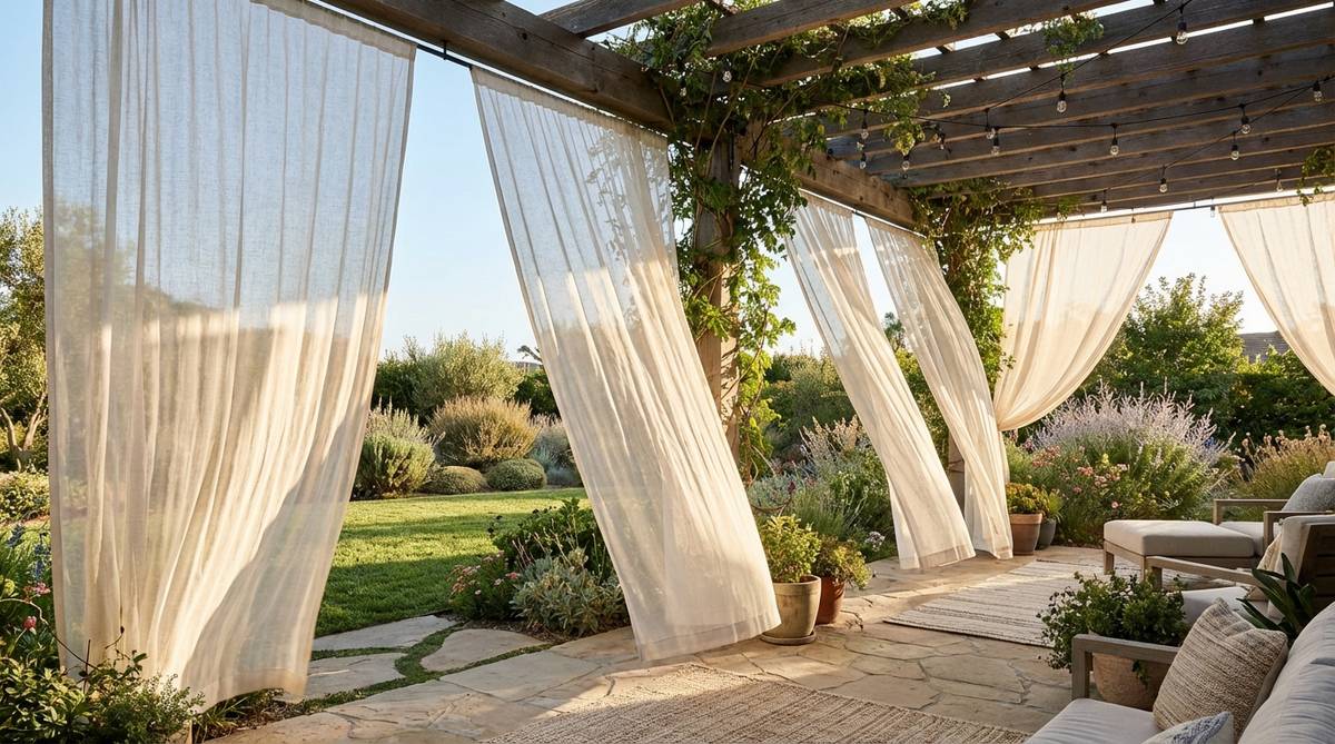 Lightweight sheer curtains billowing in the wind, suspended from a pergola in a boho garden, filtering sunlight while maintaining open sightlines with neutral elegance.