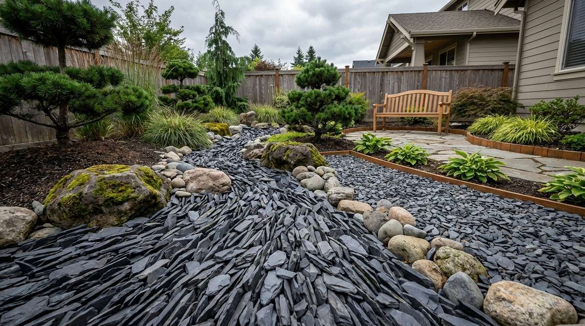 A contemporary Japanese rock garden featuring dark charcoal slate chips arranged in a dry stream design, showcasing angular textures and light-catching effects for a modern aesthetic.