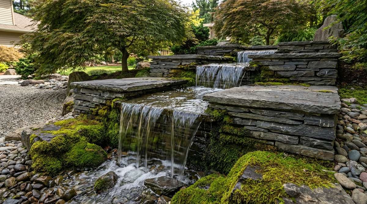 A zen garden water feature showcasing a slate ledge waterfall with moss accents, where horizontal slate pieces create ledges that break water into thin sheets for delicate sounds, and moss softens the appearance and acoustics.