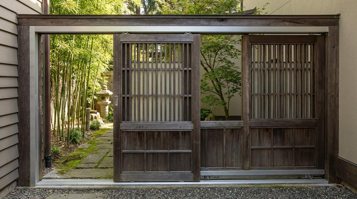 A sliding panel gate in a Japanese garden, showcasing horizontally sliding panels that conserve space in narrow passages while maintaining traditional tea garden aesthetics. The gate features aluminum or stainless steel tracks with sealed bearing assemblies, designed for confined courtyards or side yards, respecting Japanese spatial efficiency principles.