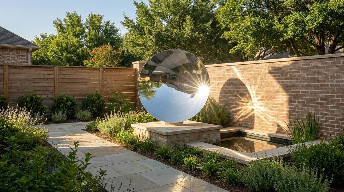 A concave mirror-polished disc designed as modern garden sculpture, catching and concentrating sunlight to create bright focal points and shifting light patterns on walls, paths, or water features throughout the day.