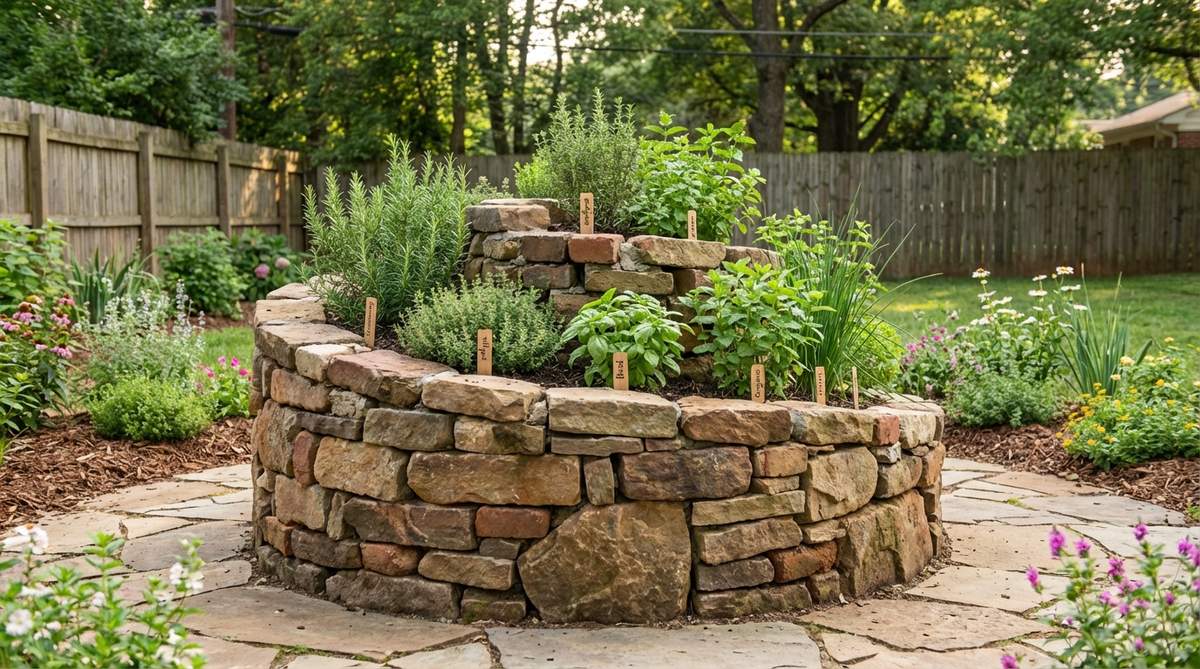 A vertical spiral garden structure made of stone or brick, rising 3-4 feet high with a 5-6 foot diameter, designed for growing 15-20 herb varieties like rosemary, thyme, and mint in compact space.