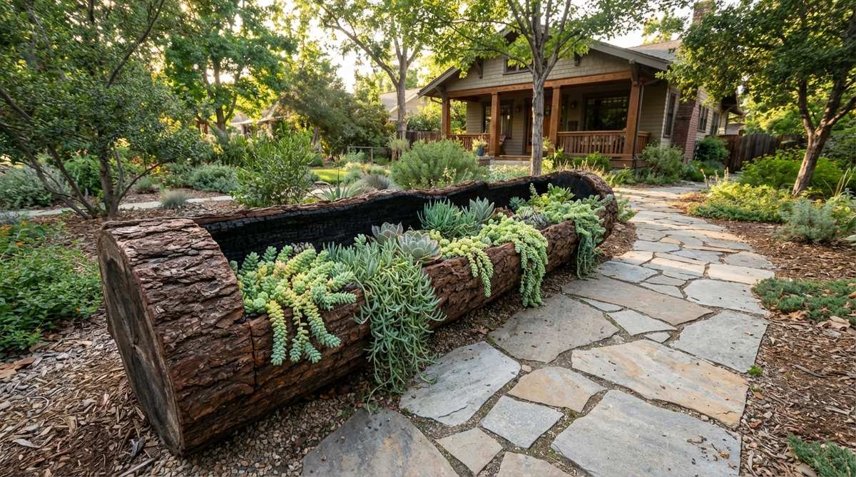 A rustic split log trough planter made from a lengthwise-halved log with bark exterior and charred interior, planted with cascading succulents along a garden pathway.