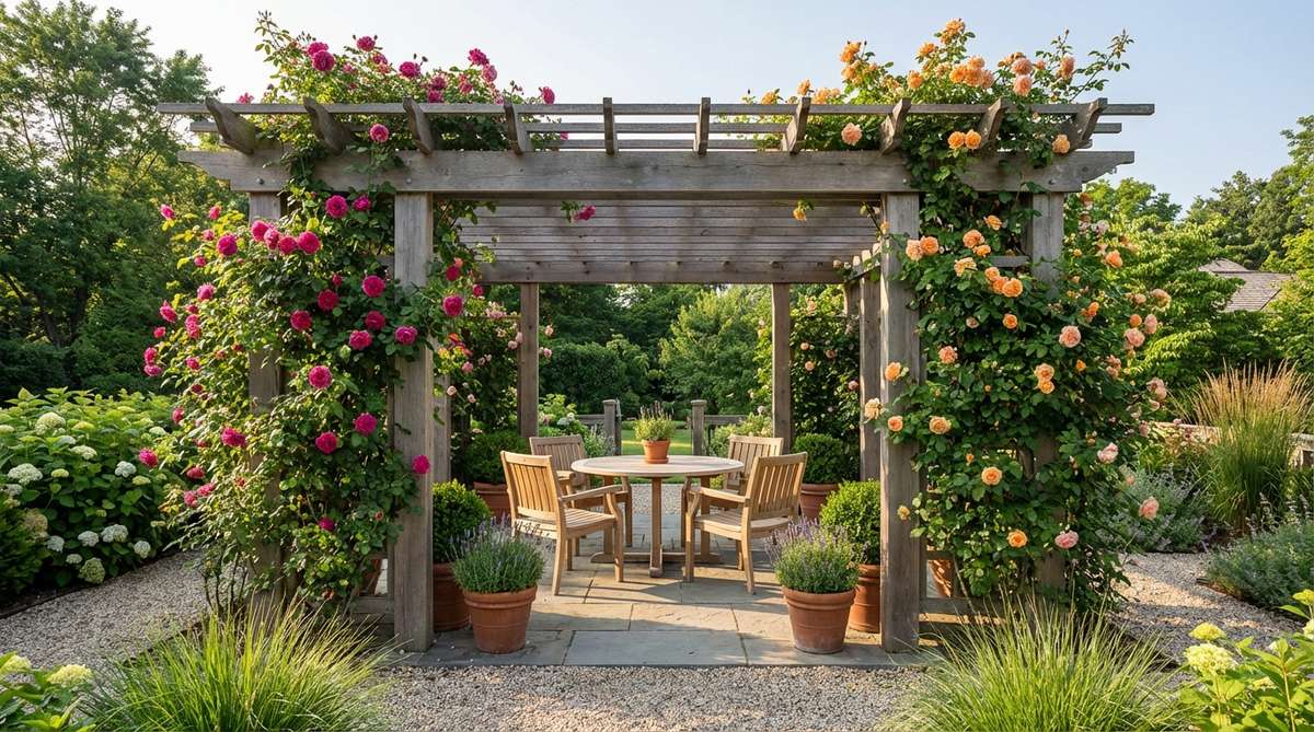 A square pavilion pergola in a garden design with roses, featuring four corner posts supporting an overhead grid where climbing roses grow from multiple directions. The structure creates an intimate outdoor room for seating or dining, with roses like 'Gertrude Jekyll' or 'Lady of Shalott' providing strong fragrance. The pergola is sized approximately 12x12 feet to accommodate furniture and circulation space.