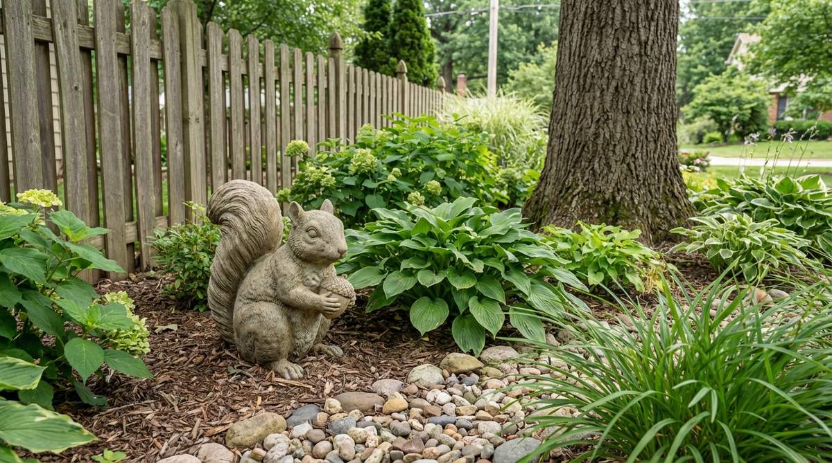 A realistic squirrel statue with a bushy tail, holding an acorn, designed for garden decor to add energetic personality near trees and fences.