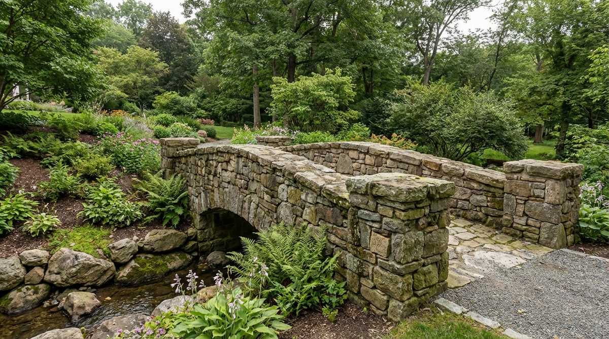 A rustic garden bridge constructed from stacked fieldstones, either dry-stacked or mortared, creating a substantial visual presence. The bridge features stone wing walls at each approach for structural and aesthetic anchoring, ideal for established gardens seeking an aged, permanent appearance. This construction requires masonry expertise for proper installation.