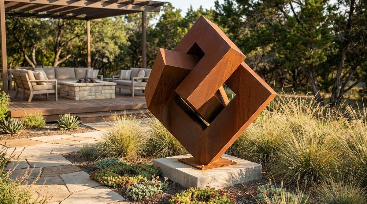 A contemporary steel abstract sculpture featuring geometric or organic forms, made from steel plate with options like Cor-Ten for a rust patina or stainless finishes. Ideal as a focal point in modern gardens, contrasting with soft plantings and suitable for minimalist landscapes. Highlights installation considerations, such as foundation work and powder-coated colors for bold accents.