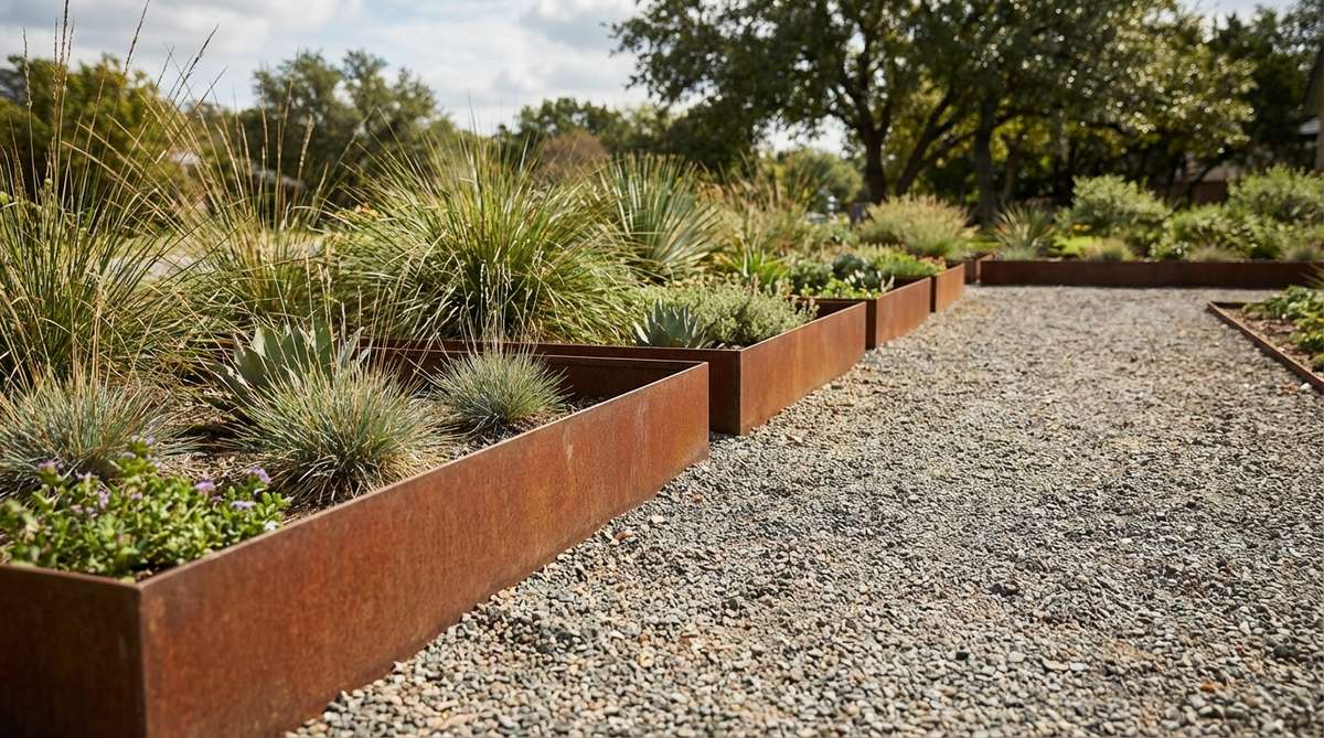 A close-up view of Corten steel edging strips installed flush with the ground, creating clean geometric borders between gravel pathways and planting beds in a contemporary garden design. The steel's distinctive rust patina provides both visual contrast and structural definition.