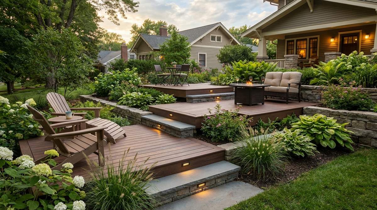 A small garden with stepped terraces built on a slope, featuring multiple narrow deck platforms at different elevations for seating zones. Each terrace serves a specific function like morning coffee or evening cocktails, with consistent riser heights of 6 to 8 inches for safe navigation and visual rhythm.