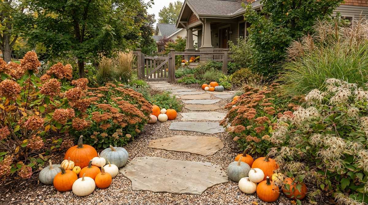 A garden path with stepping stones accented by small to medium pumpkins, sprigs of sedum, dried hydrangea blooms, and autumn clematis seed heads, creating a natural fall decor that emphasizes circulation routes and adds seasonal color at ground level.