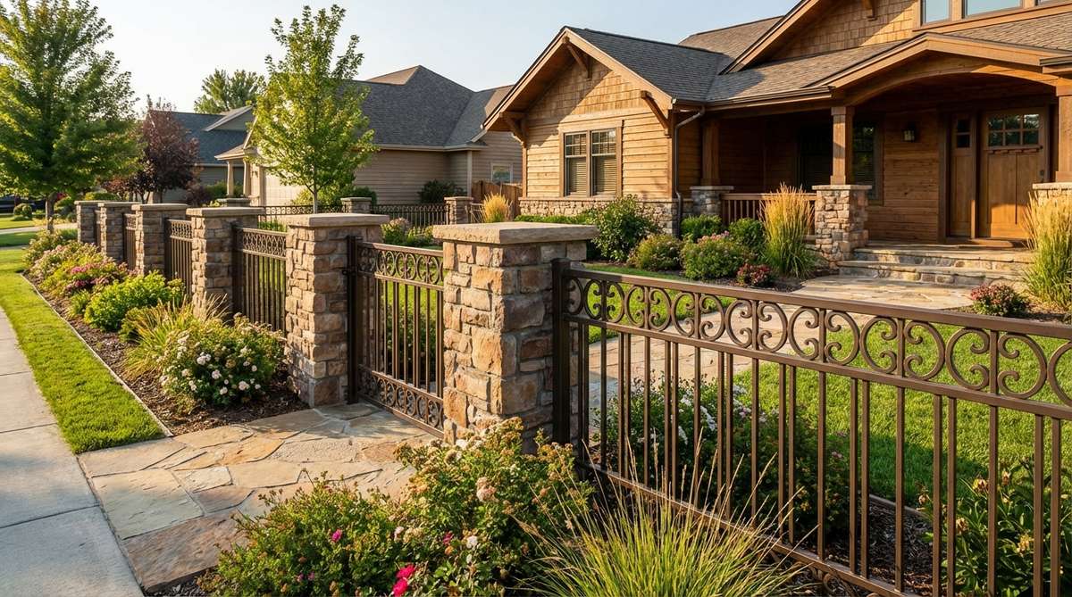A garden fence featuring mortared stone or brick pillars spaced 6-8 feet apart with powder-coated aluminum or wrought iron panels between them. The masonry pillars provide structural permanence while the decorative metal sections offer partial visibility control. This design combines natural stone veneer or brick with custom-fabricated metal patterns that complement home architecture, making it ideal for front yards where maintaining curb appeal is important.