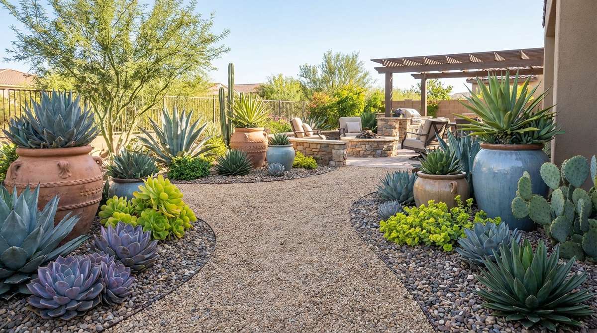 A desert-inspired succulent garden featuring pea gravel mulch that provides sharp drainage and reflects heat, preventing moisture buildup and rot. Plants are installed at nursery depth with 2-3 inches of gravel top-dressing, using contrasting colors to highlight foliage tones like blue-gray or chartreuse, creating a cohesive southwestern aesthetic with permanent, rain-resistant gravel.