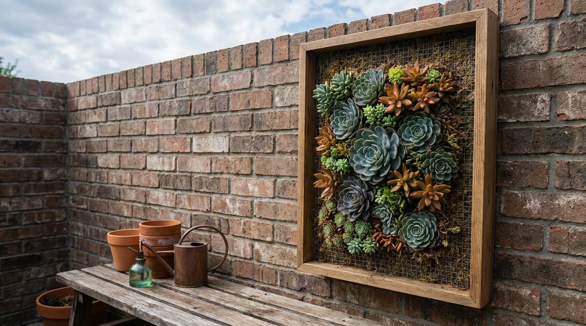A vertical shadow box frame with succulents planted in wire mesh backed with moss, creating living wall art. This space-saving mini garden displays textural variety and is ideal for limited horizontal spaces. The frame should be kept horizontal initially for root establishment before hanging vertically, with light misting recommended over heavy watering.