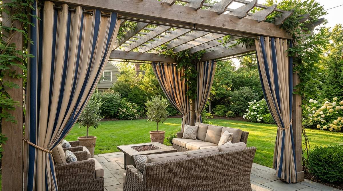 A set of Sunbrella outdoor curtains installed on a pergola, showcasing fade-resistant panels that block UV rays and resist mold, with options for neutral tones or bold patterns to enhance outdoor decor.