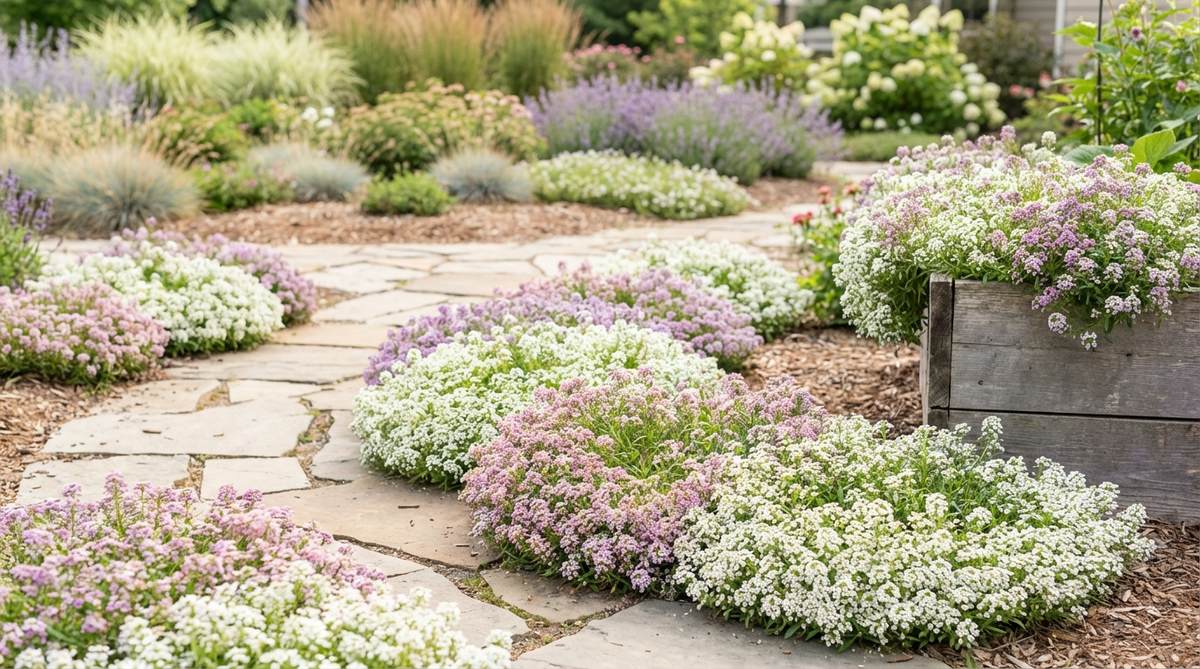 A close-up photo of sweet alyssum flowers showing low-growing mounds with clusters of tiny white, pink, or purple honey-scented blooms. The image captures the plant's use as edging along garden pathways, between pavers, or cascading from container edges, highlighting its continuous blooming from spring through fall frost.