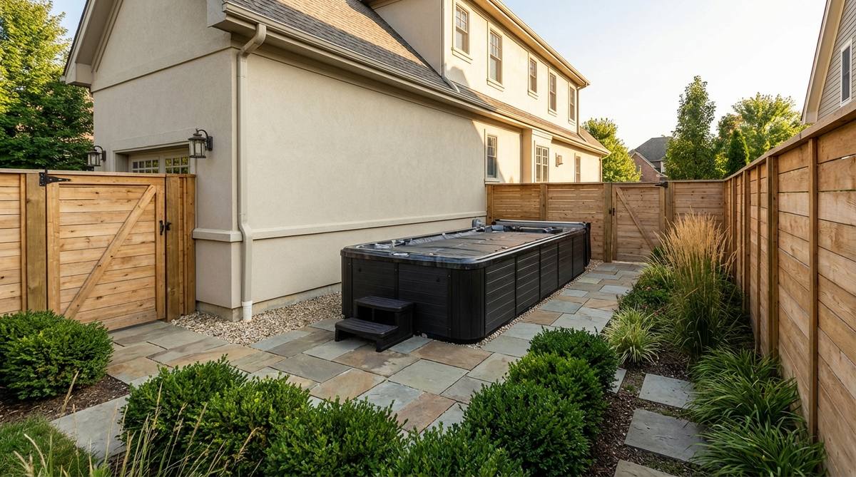 A 12-foot swim spa positioned parallel to a home's foundation in a narrow side yard, with 2-3 feet of access space on either side. The setup includes privacy fencing along the property line and gate access at both ends, creating a dedicated fitness zone while keeping the main backyard open for other activities.