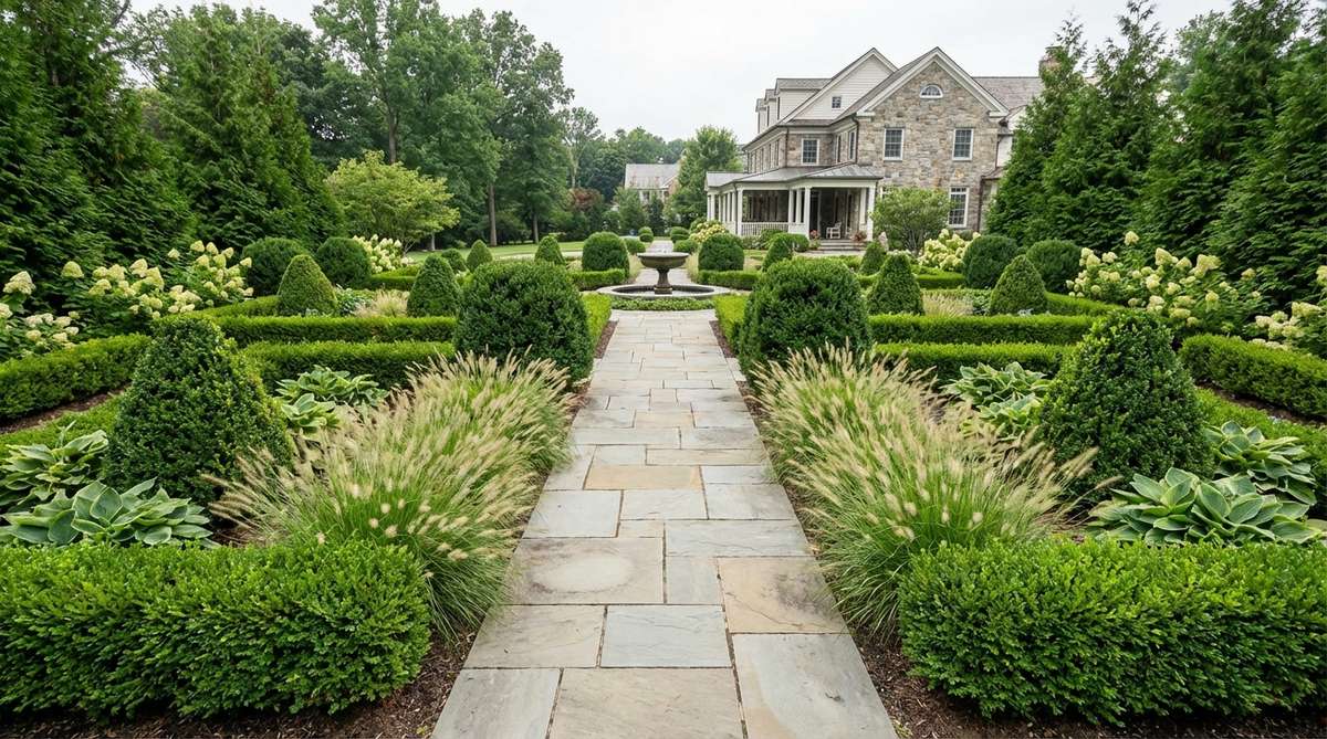 A formal garden design featuring matching planting beds on both sides of a central walkway, with identical plant selections including low hedges, ornamental grasses, evergreen perennials, and specimen shrubs arranged symmetrically to create balanced visual appeal.