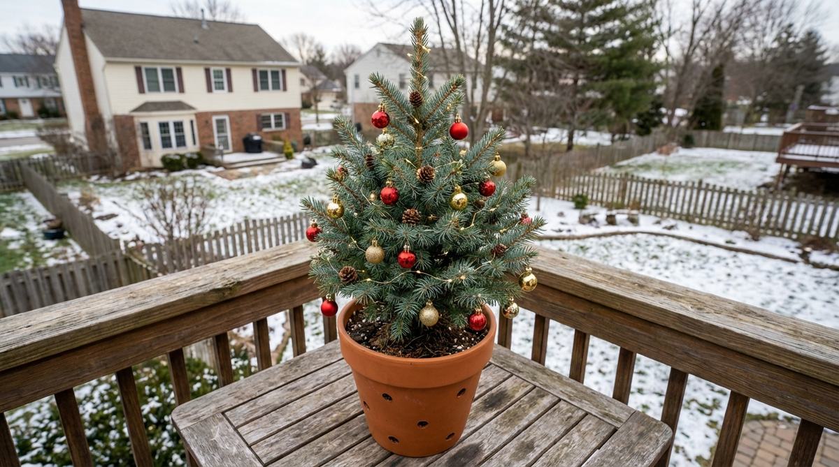 A decorative potted evergreen tree on a balcony table, decorated with miniature ornaments and micro-lights for Christmas. The tree is in a container with drainage holes, suitable for outdoor winter exposure with varieties like Norway spruce or blue spruce.
