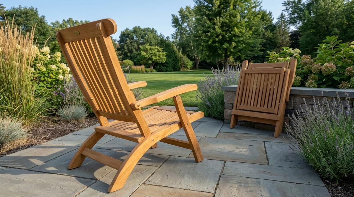 A modern garden furniture piece featuring a classic teak steamer chair with a folding design. It has slatted construction for quick water drainage, adjustable backrest with six locking positions, and extended armrests for forearm support. The chair folds flat for easy storage and requires no cushions, offering comfort through contoured slats. Teak wood can develop a silver patina or maintain a honey tone with seasonal oiling.