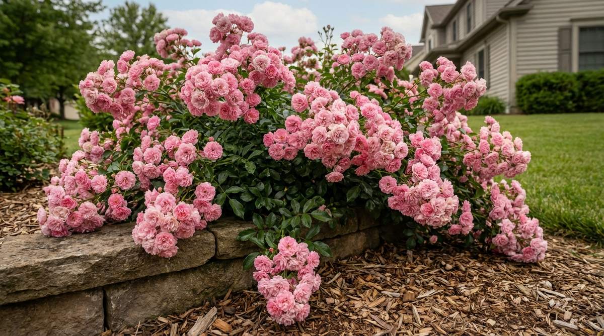 A close-up photograph of The Fairy rose showing its characteristic small pink pompom flowers arranged in cascading sprays. The image captures the polyantha rose's groundcover growth habit with soft informal masses of blooms, ideal for showcasing its use along retaining walls or as a low-maintenance landscape feature with exceptional cold hardiness and disease resistance.