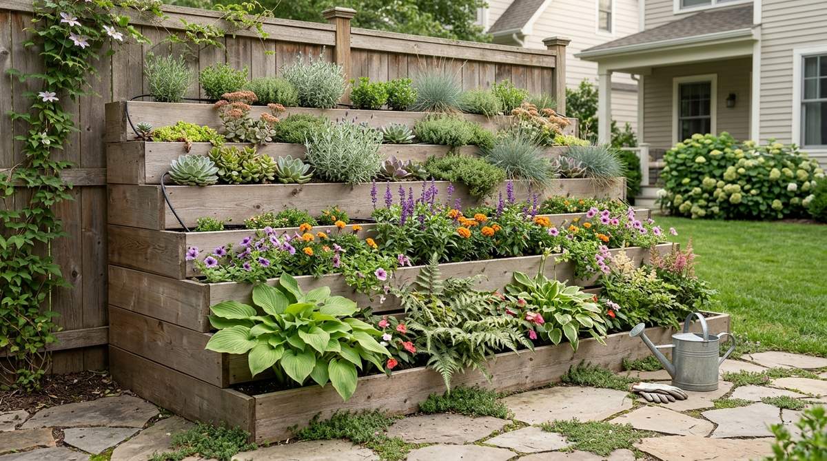 A vertical garden arrangement using stepped containers to create tiered planter stairs, showcasing drought-tolerant plants on upper tiers and moisture-loving species on lower levels for efficient watering and varied plant displays.