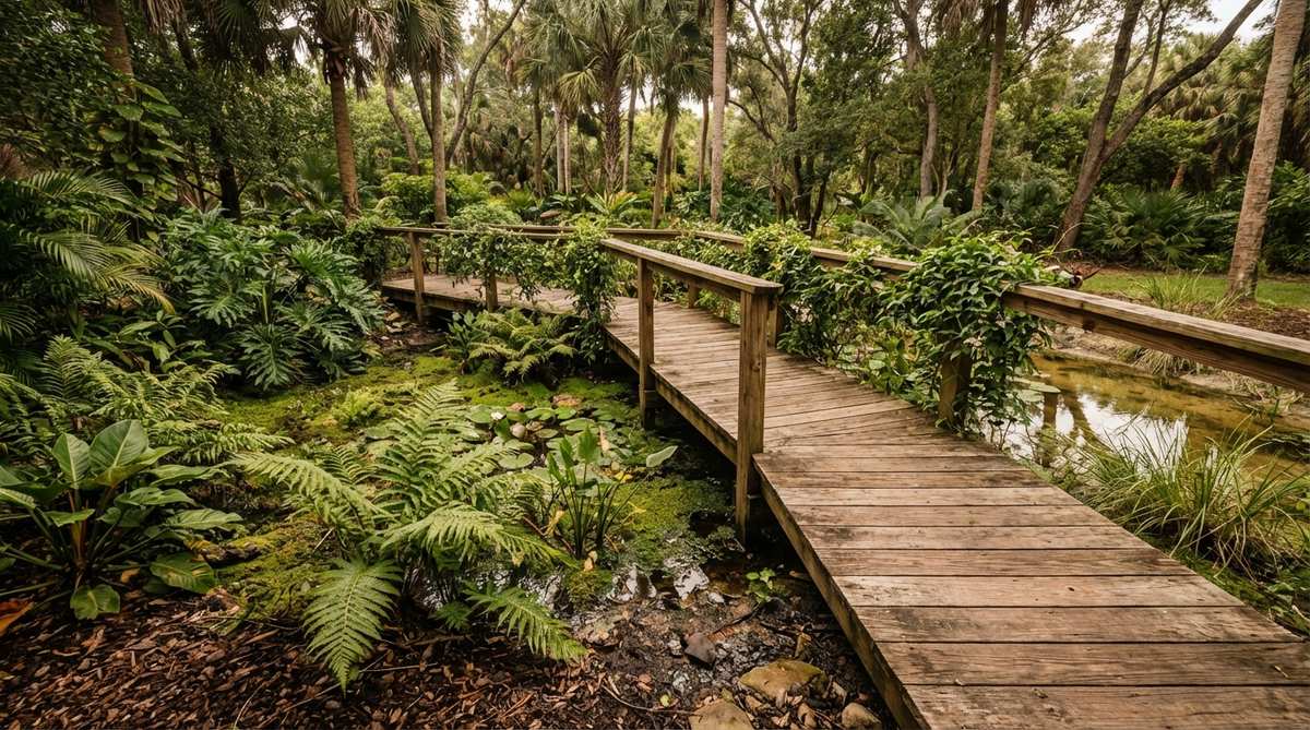 An elevated timber boardwalk made of cedar or composite decking crossing through wet zones in a tropical garden, such as bog gardens or pond edges. The boardwalk is installed 2-3 feet above grade to provide dry passage while preserving root zones, with handrails that support climbing plants for vertical greenery.