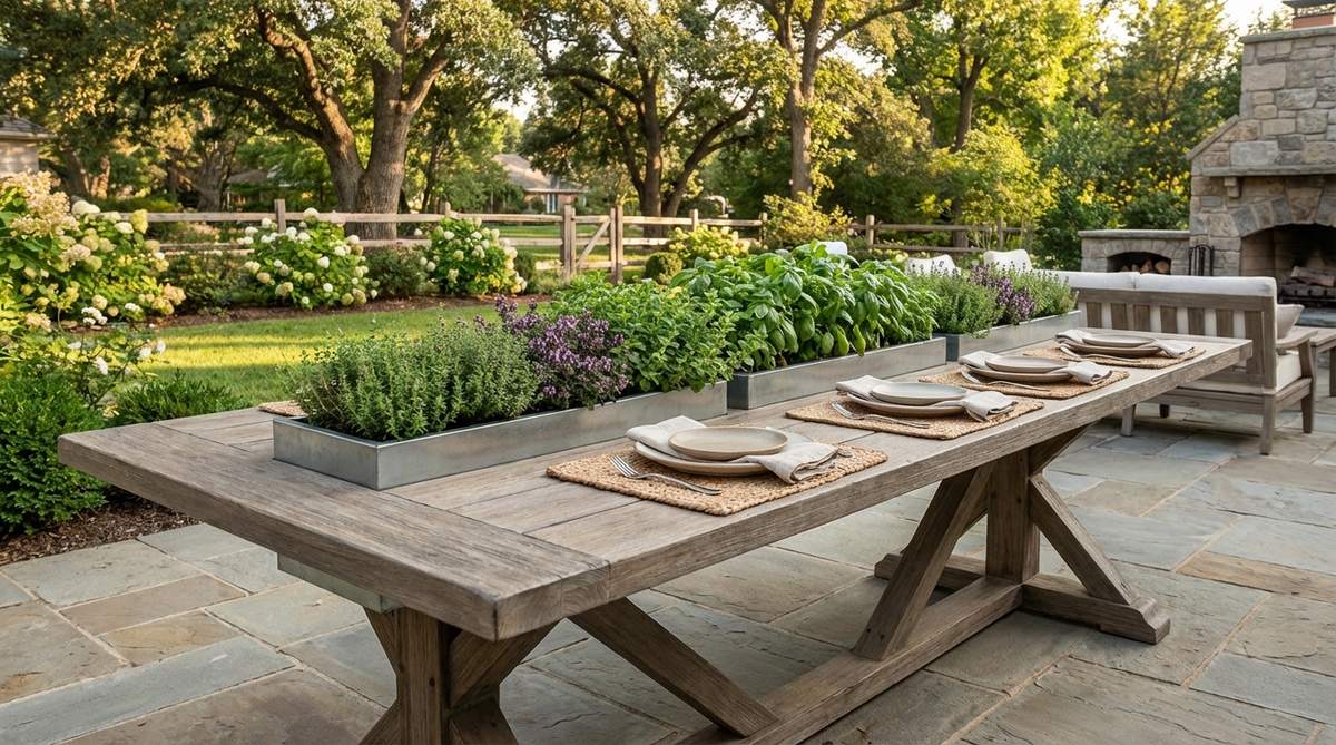 A custom trestle dining table with integrated planter boxes, filled with low-growing herbs like thyme, oregano, and basil, serving as a functional edible centerpiece for outdoor patio decor.