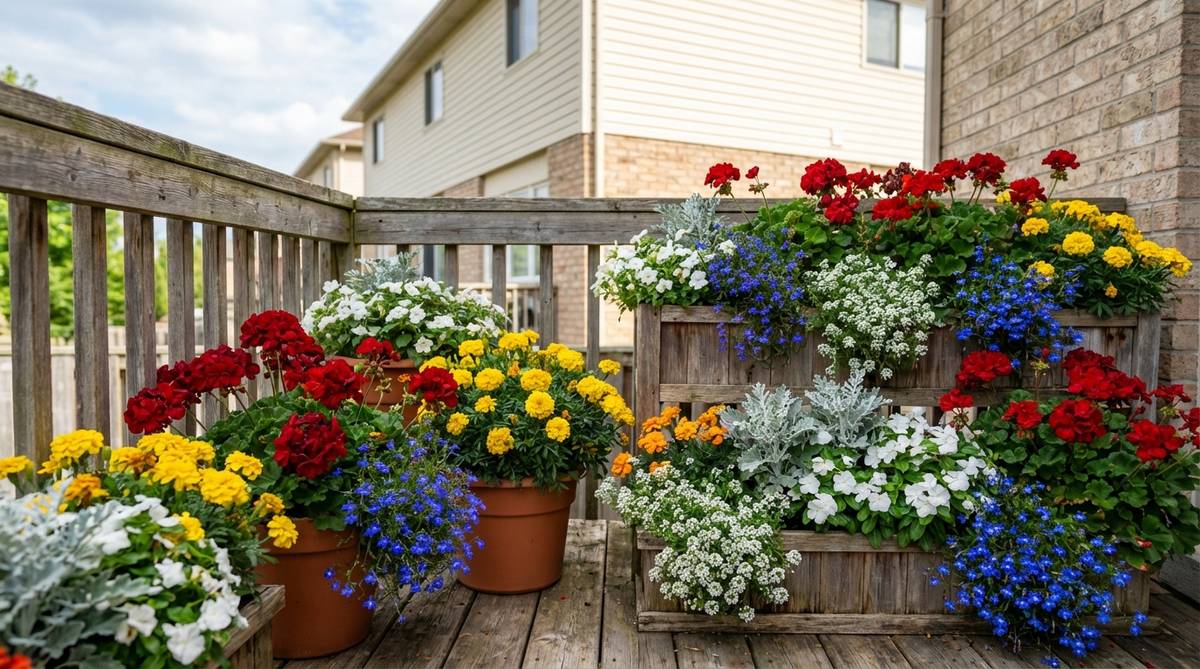 A vibrant balcony garden arrangement featuring a triadic color scheme of red geraniums, yellow marigolds, and blue lobelia flowers. The evenly-spaced colors create playful cottage-garden charm with visual excitement. White flowers and silver foliage serve as buffers between the strong colors to prevent chaos in the arrangement.