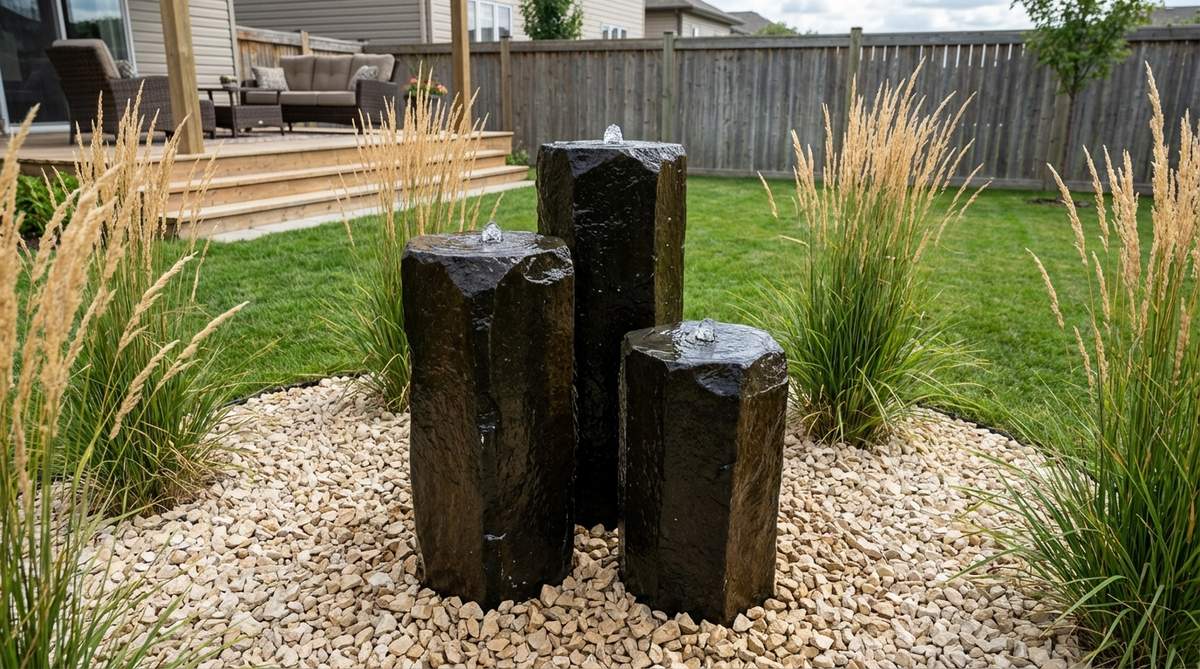 Three polished basalt columns of varying heights create a clustered composition, each bubbling water from its apex. The grouping delivers greater visual weight than single columns while occupying the same floor space. Basalt's dark coloration provides strong contrast against light-colored gravel or crushed stone basins. Accent the installation with ornamental grasses that echo the columns' vertical lines.