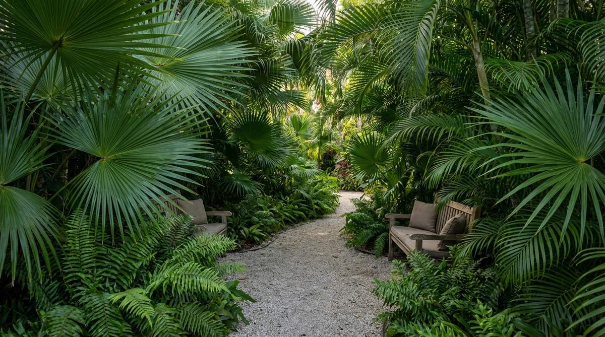 Large palm fronds and fern branches arranged as natural aisle borders in a garden wedding decor, creating privacy and a tropical ambiance with layered leaf textures.