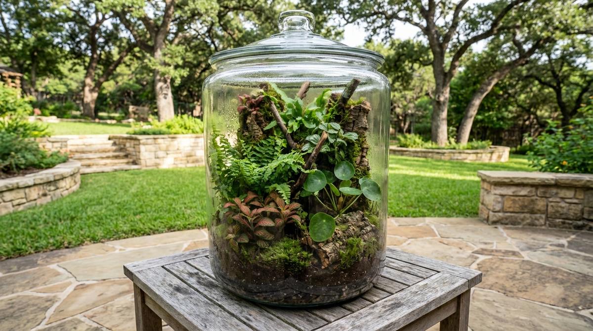 A closed terrarium with a miniature rainforest canopy, featuring humidity-loving plants like ferns, Fittonia, and Pilea arranged vertically with cork bark for epiphytes, ideal for low-maintenance indoor gardening.