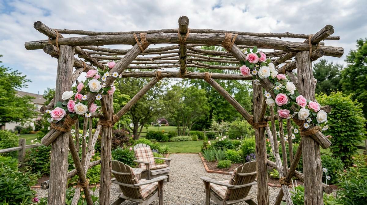 A rustic twig arbor with flowering vines, crafted from natural wood and decorated with artificial silk ivy or tiny paper flowers. This simple structure features vertical twigs joined by horizontal crosspieces, lashed with wire or jute and reinforced with wood glue. Positioned over pathways or behind seating areas, it adds vertical interest and enhances the fairy garden aesthetic with its authentic weathered patina that develops over seasons.