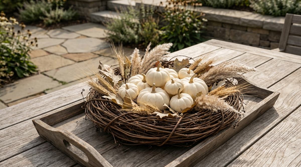 Circular nests made from flexible branches or grapevine with groups of small white pumpkins nestled inside, interwoven with dried grasses or wheat stalks for added texture. This boho Halloween decoration combines natural harvest abundance with contemporary minimalist appeal, perfect for placement on wooden trays or dining tables.